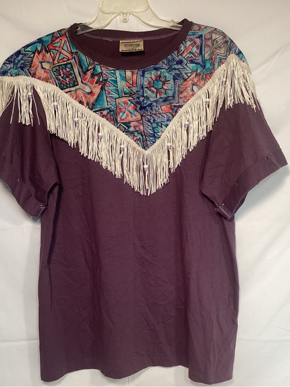Hazel Woods Southwestern Boho Fringe Embellished Shirt in Deep Plum Women’s XL